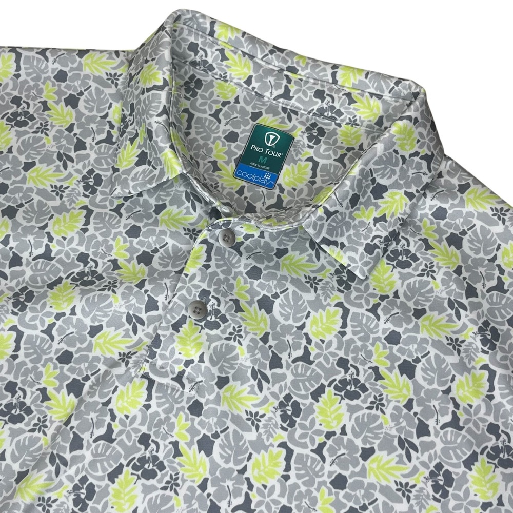 Pro Tour Coolplay Men's‎ Medium Golf Polo Shirt Tropical Floral Gray Lime Green